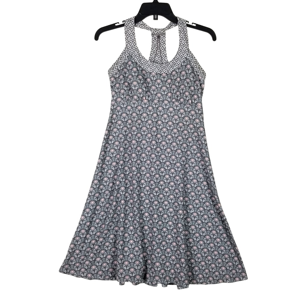 prAna Racerback Dress Women Small Grey Geometric A-Line Built-in Bra Activewear